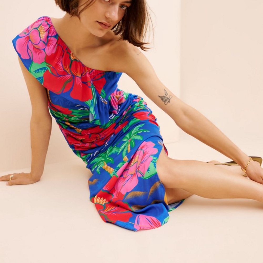 FARM Rio One-Shoulder Ruched Midi Dress, Tropical, Blue, and Pink Floral
